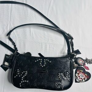 Ed Hardy Black Embossed Studded Shoulder Bag with Skull Charm | NWT